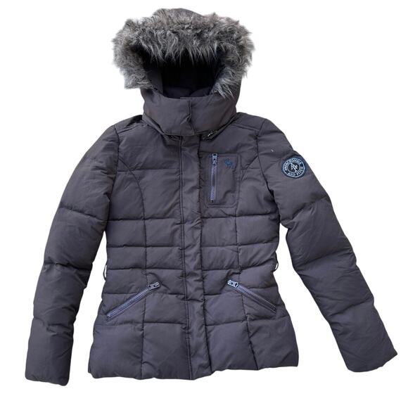 Y2K Women’s Abercrombie & Fitch Brown Puffer Faux Fur Hooded Jacket Size Medium - Picture 1 of 9